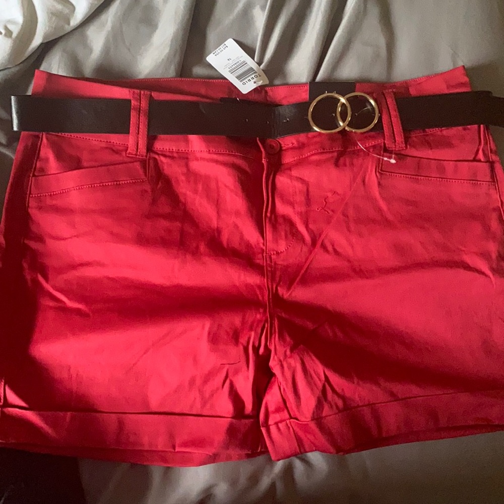 Red belted sateen shorts